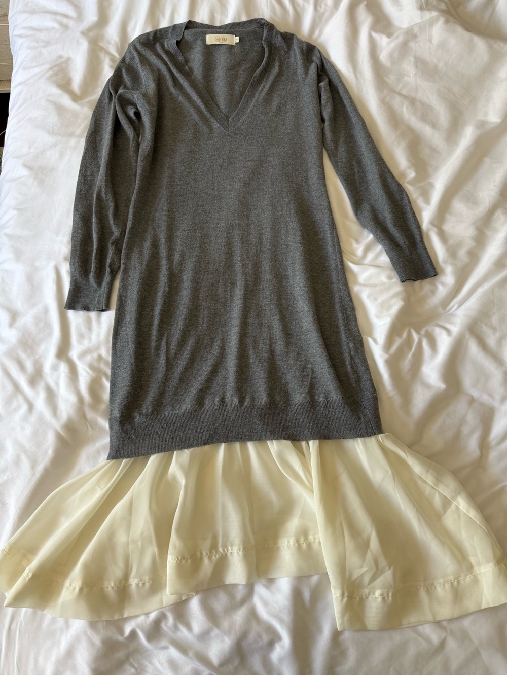 Grey V-Neck Knit Dress with Cream Flounce Hem